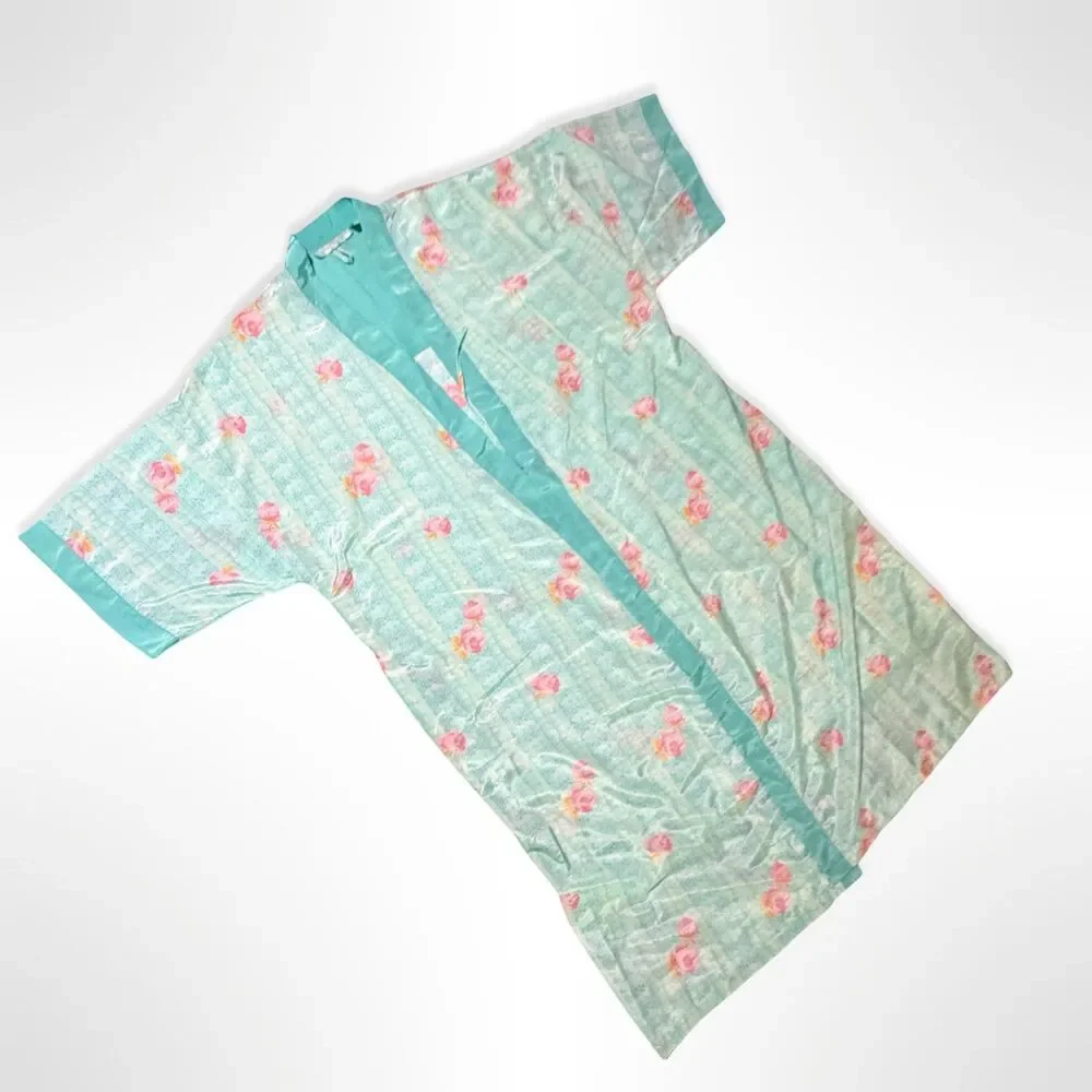 Contessa di Roma Vintage 80s 90s Turquoise Pink Floral Ling Satin Robe, XXL